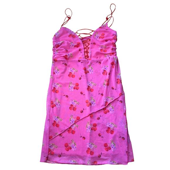 Urban Outfitters Cherry Bright Mesh Mini Dress UO Size Small Stretchy Bodycon - Picture 2 of 8